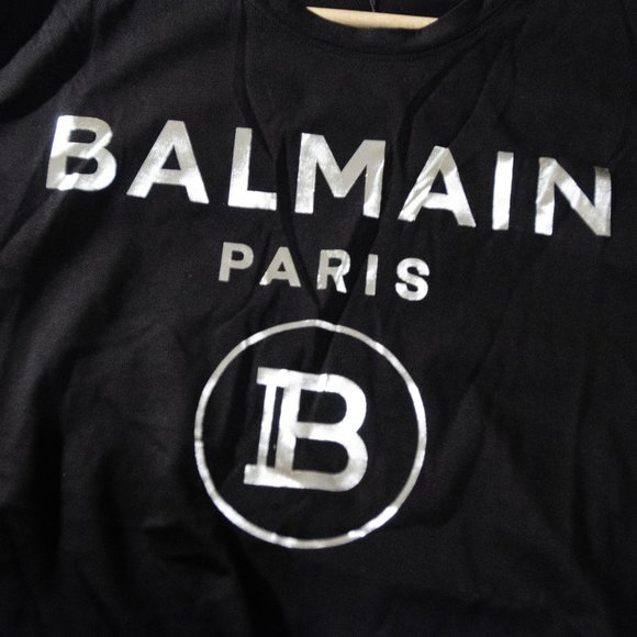 Balmain Paris T Shirt - Silver Print on Black - Picture 1 of 12
